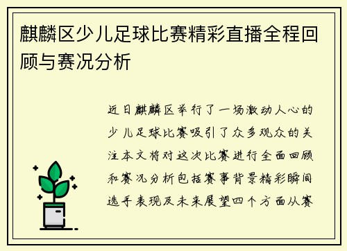 麒麟区少儿足球比赛精彩直播全程回顾与赛况分析