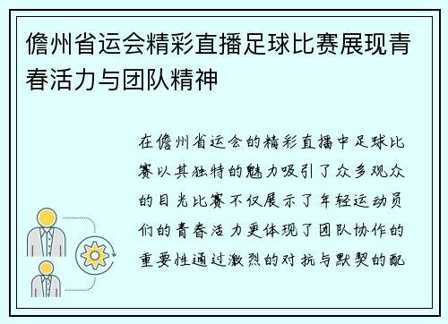 儋州省运会精彩直播足球比赛展现青春活力与团队精神